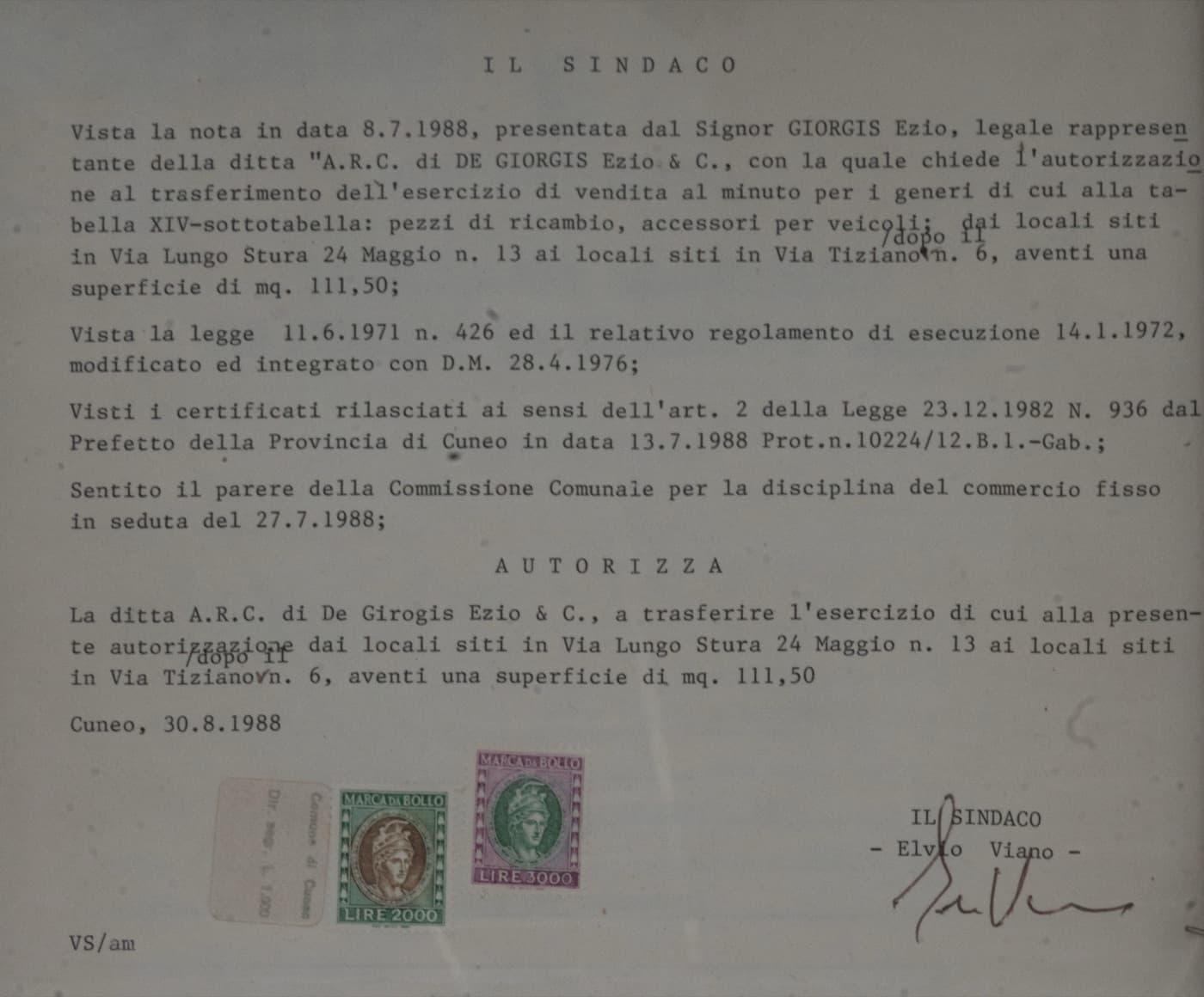 L'autorizzazione comunale del 1988 per il trasferimento della sede ARC, firmata dal Sindaco di Cuneo